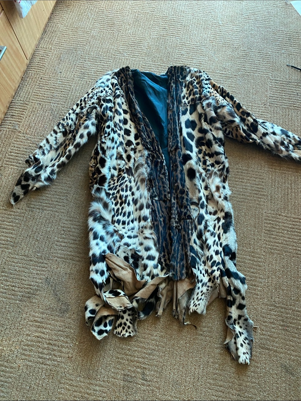Leopard Print Faux Fur Trench Coat with Teal Lining